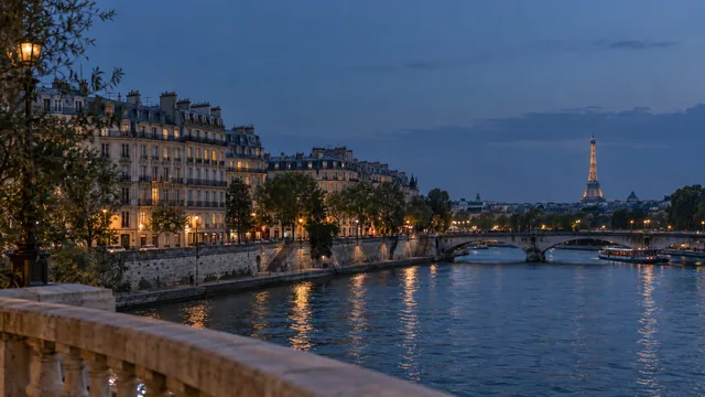 Paris beside the Seine at dusk